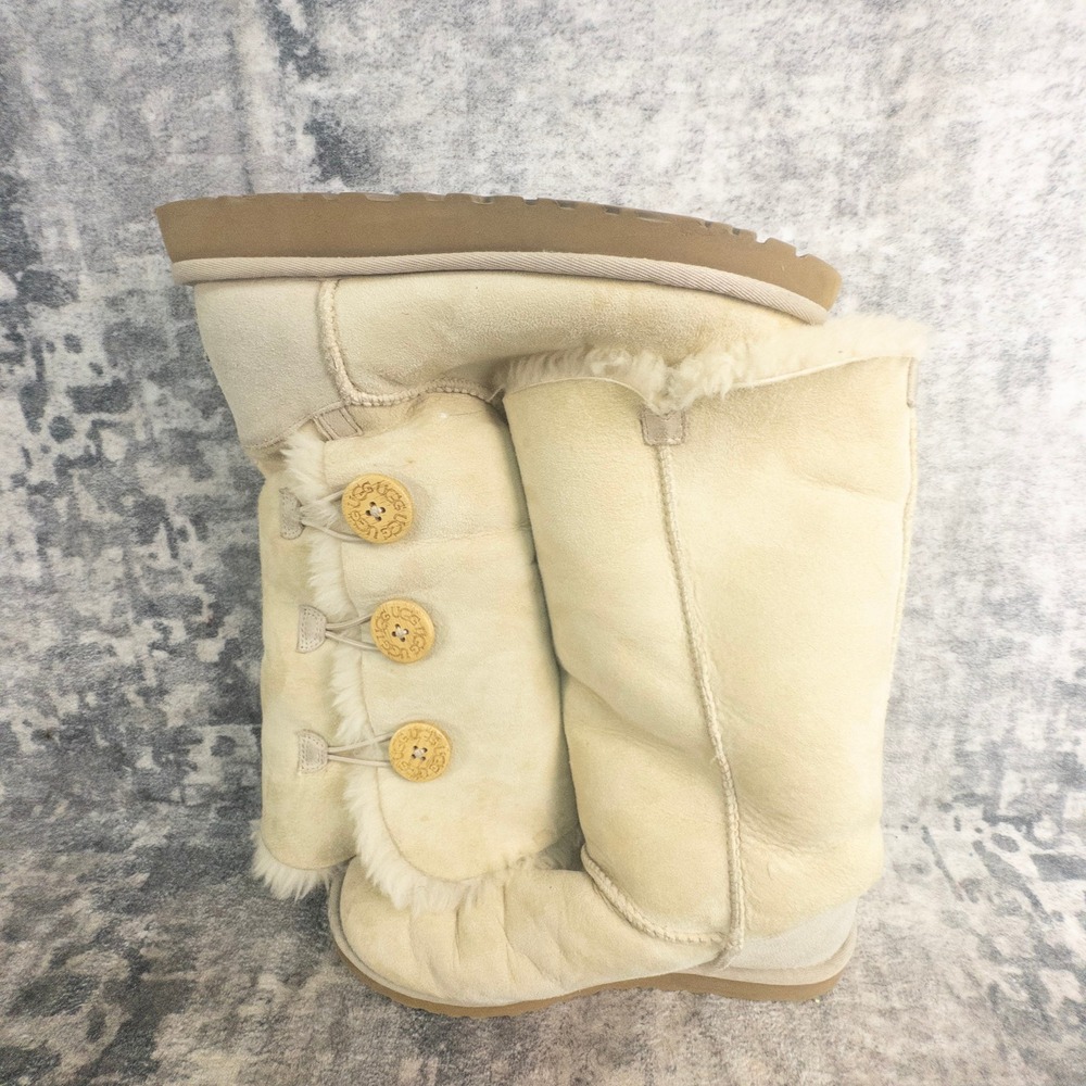 UGG Womens Size 7 Bailey Button Triplet Boots Sand Sheepskin Suede 1873 Tall - Picture 11 of 12